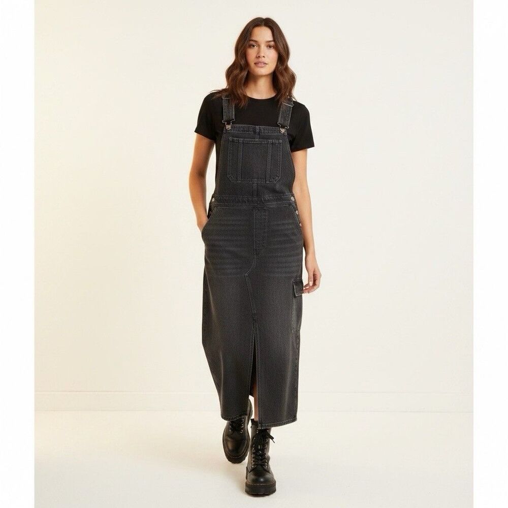 American Eagle Denim Bib Overall Maxi Dress Large Black Utility Cargo Pocket 90s